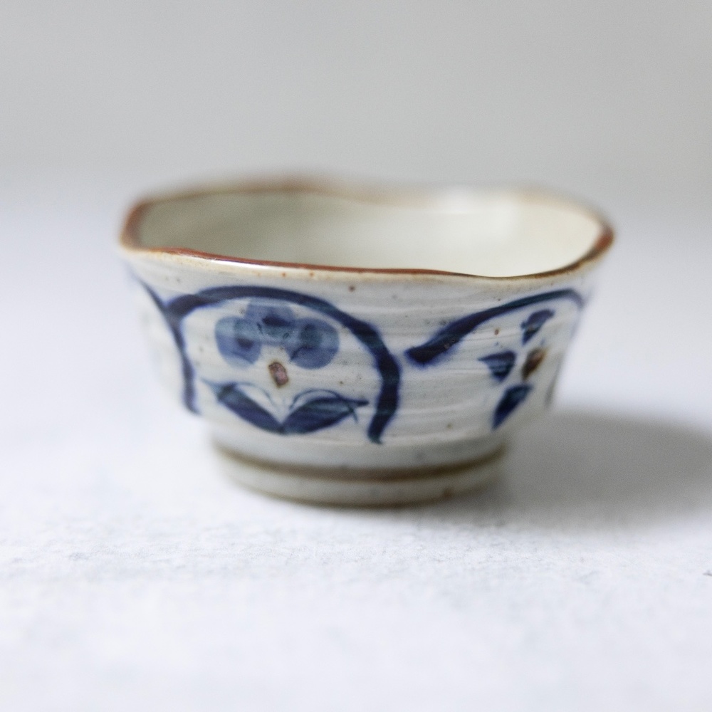 Small Asian vintage stoneware pottery ceramic bowl 3 inches blue brown floral